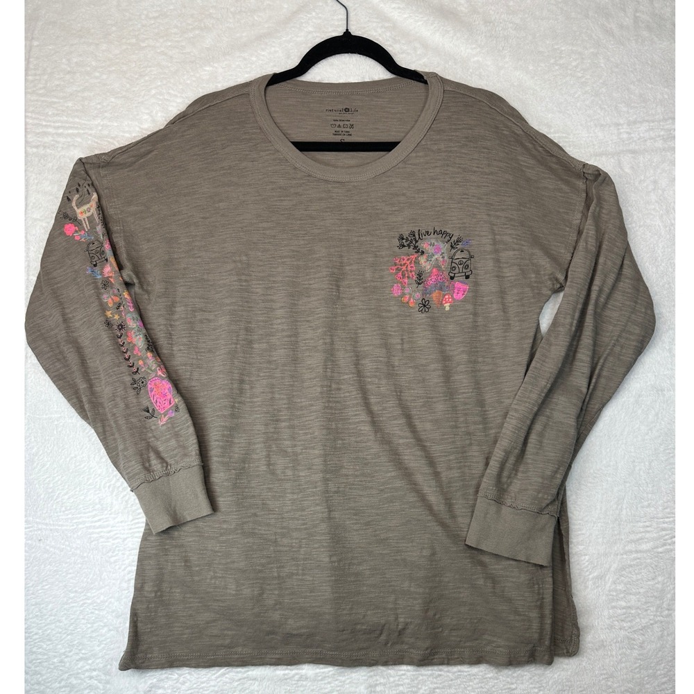 Natural Life Live Happy Graphic Tee Womens Small Taupe Brown Long Sleeve Cotton